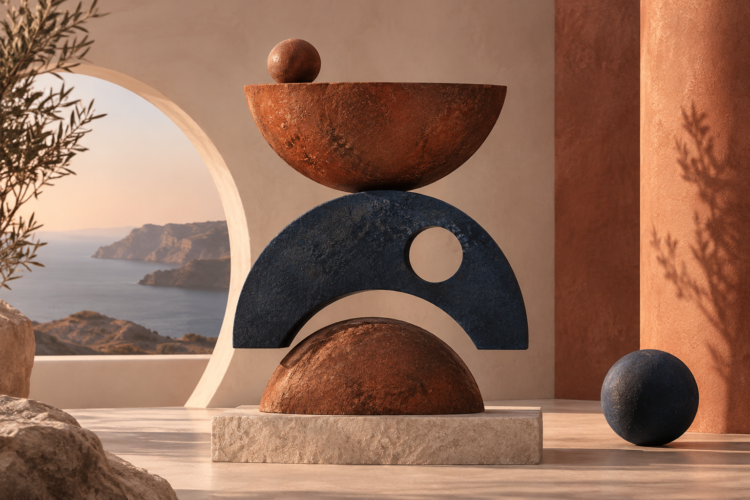 sculptural rust coral and navy abstract shapes arranged as contemporary design totem, warm editorial lighting